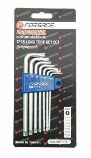 Набор ключей TORX Г-образных длинных с отверстием 7пр.(Т10Н,Т15Н,Т20Н,Т25Н,Т27Н,Т30Н,Т40Н) в пластиковом держателе