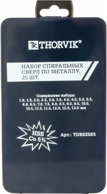 Набор спиральных сверл по металлу HSS Co в металлическом кейсе, d1.0-13.0 мм, 25 предметов Thorvik TDBS25K5