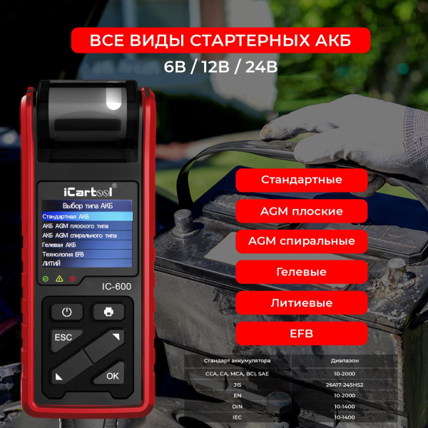 Тестер аккумуляторных батарей iCartool IC-600 (АКБ, 6/12/24V)