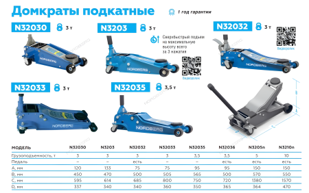 Домкрат подкатной 3,5т NORDBERG N32036