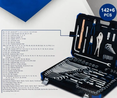 Набор инструментов 142+6 пр.1/4''3/8''1/2''(6-гр.)(4-32мм)