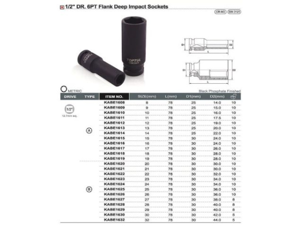 Головка ударн. 1/2" 32мм 6гр. глубокая TOPTUL