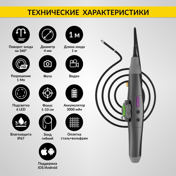 Видеоэндоскоп управляемый iCartool IC-V1042W (WIFI/USB, 1 Мп, 1168х720, 1 м, 4 мм зонд, 360°)