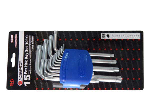 Набор ключей TORX Г-образных, 15пр.(Т6, T7, T8, T9, Т10, Т15, Т20, Т25, Т27, Т30, Т40, Т45, Т50, Т55, Т60)в пластиковом держателе