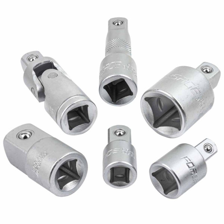 Набор адаптеров 6пр(3/8''(F)x1/2''(M),1/2''(F)x3/8''(M),1/2''(F)x3/4''(M),3/4''(F)x1/2''(M),удлинитель 125мм, кардан 1/2''),в ложементе