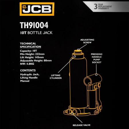 Домкрат бутылочный 10т с клапаном (h min 222мм, h max 447мм, ход штока-145мм, ход винта-80мм)