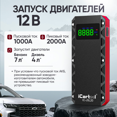 Пусковое устройство 12В, 20 000 мАч, 1000/2000А iCartool IC-JSL20