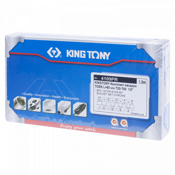 Набор торцевых насадок 1/2" TORX, Т20-Т60 мм, L = 60 мм, 9 предметов KING TONY 4109PR