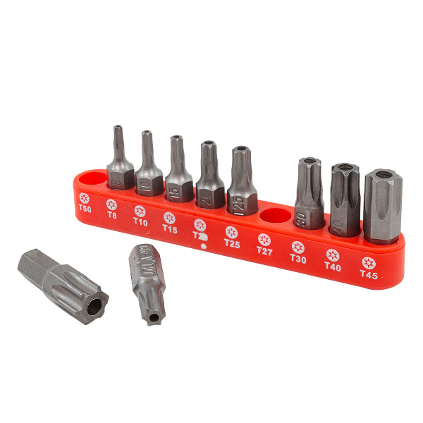Набор бит TORX с отверстием 10пр. 1/4''(TН 7,8,9,10,15,20,25,27,30,40-25мм),в блистере