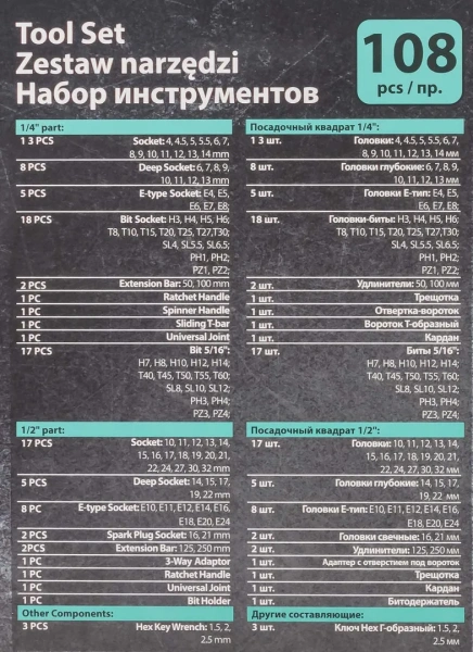 ( 3 K-T ) Набор инструментов PROFI 108пр. 1/4'',1/2''(6гр)(4-32мм)