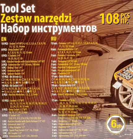 Набор инструментов 108пр. 1/2'', 1/4''(6гр.)(4-32мм)
