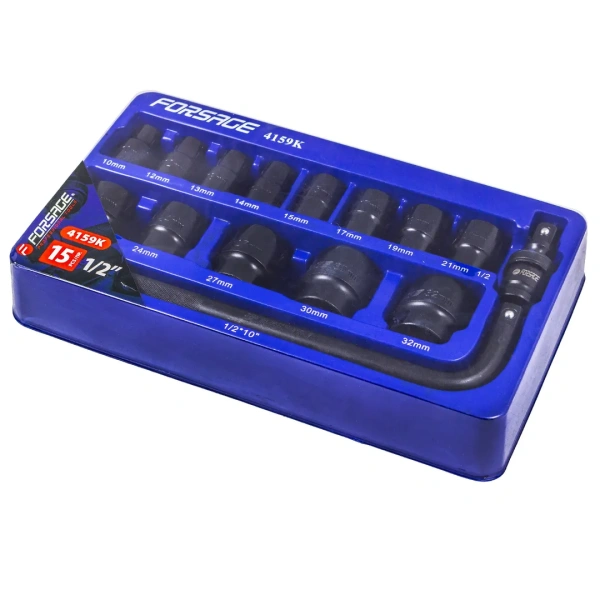 Набор головок ударных 15пр. 1/2''(6-гр.) (10,12, 13, 14, 15, 17, 19, 21, 22, 24, 27, 30, 32мм) в ложементе
