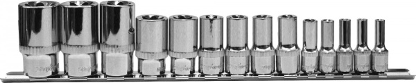 Набор головок торцевых глубоких 1/4", 3/8", 1/2"DR на держателе внешний TORX® E4-E24 14 предметов Ombra 910714