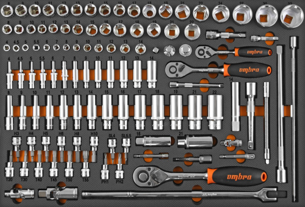 Набор головок торцевых Ombra OMT111STE, 1/4", 3/8", 1/2" DR с аксессуарами