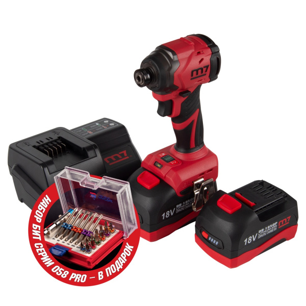 Аккумуляторный шуруповерт MIGHTY SEVEN DS-202AP, ударный, 18 В, 4 предмета, кейс, в комплекте набор бит